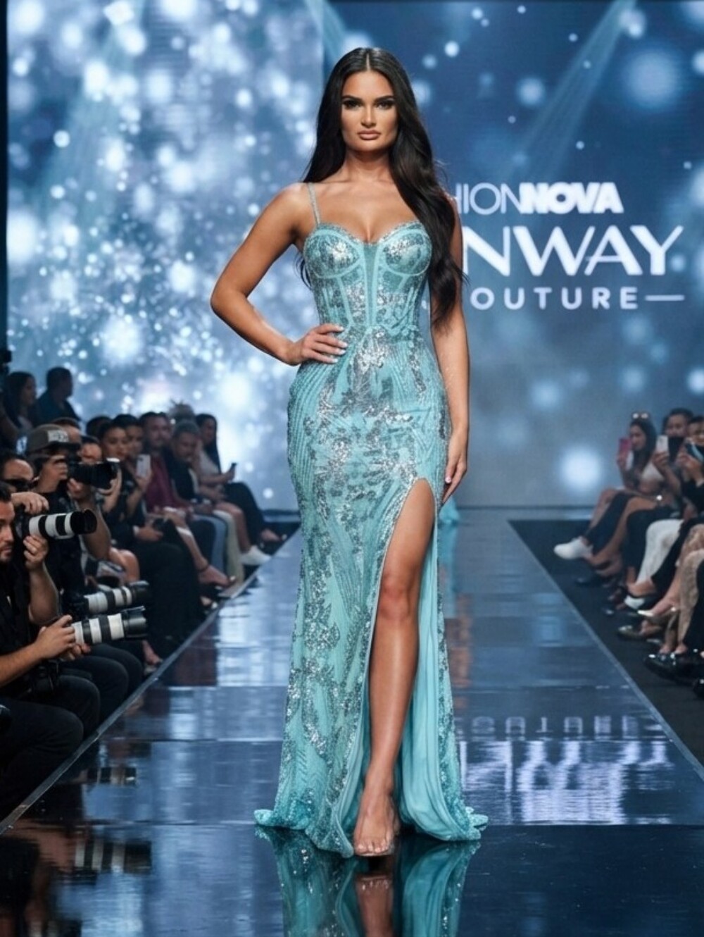 Elegant Aqua Sequin Evening Gown with Thigh Slit